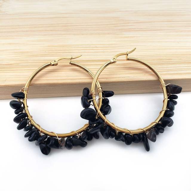 Natural crystal stone stainless steel hoop earrings