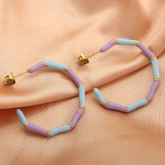 Fashionable color enamel stainless steel open hoop bamboo earrings
