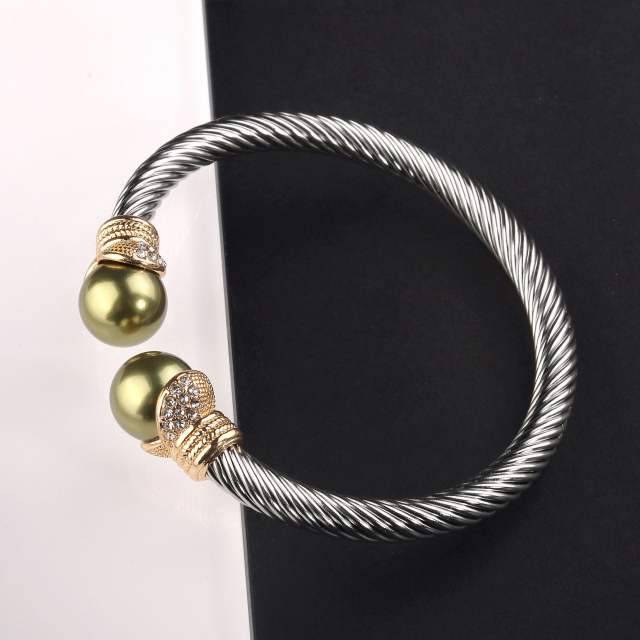 Classic gray pearl bead wireless stainless steel cuff bangle bracelet