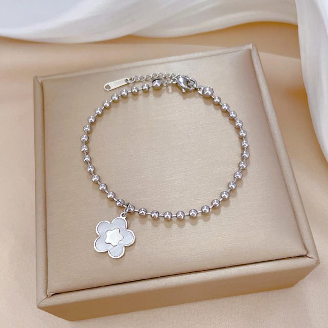 Personality mother shell five petal flower charm stainless steel bead bracelet