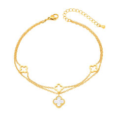Classic gold color mother shell clover two layer stainless steel anklet