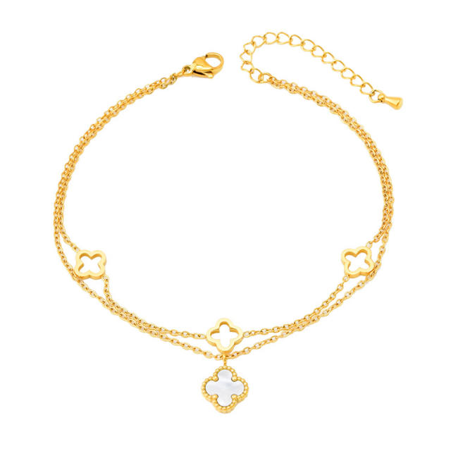Classic gold color mother shell clover two layer stainless steel anklet