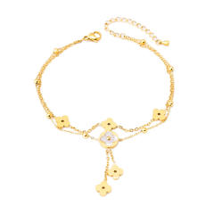 18K two layer white mother shell clover stainless steel anklet
