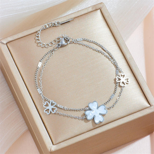 17+4cm mother shell large size clover two layer stainless steel bracelet