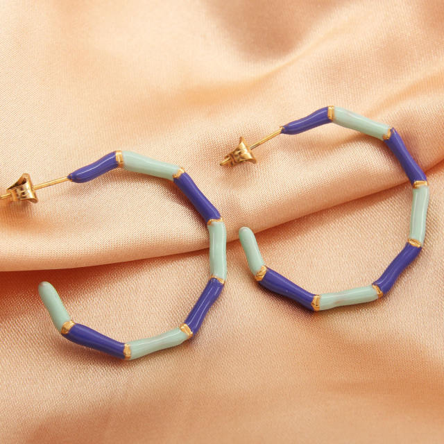 Fashionable color enamel stainless steel open hoop bamboo earrings