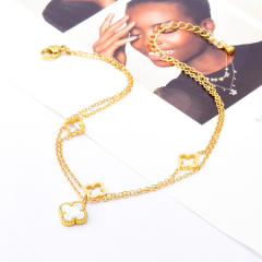 Classic gold color mother shell clover two layer stainless steel anklet