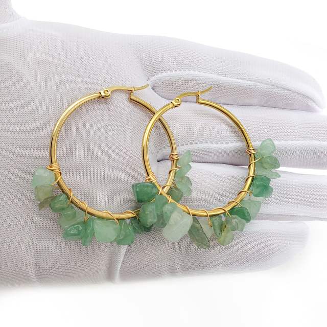 Natural crystal stone stainless steel hoop earrings