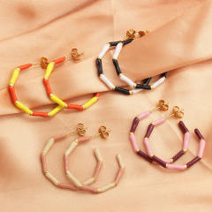 Fashionable color enamel stainless steel open hoop bamboo earrings