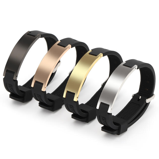 Negative ion silicone strap stainless steel bar bangle bracelet for men