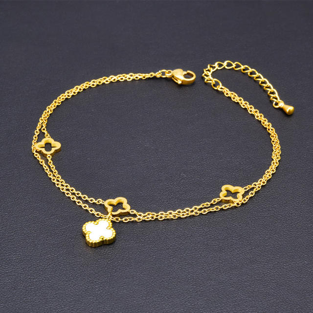 Classic gold color mother shell clover two layer stainless steel anklet