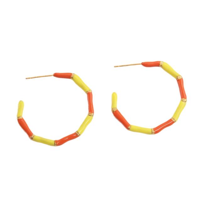 Fashionable color enamel stainless steel open hoop bamboo earrings