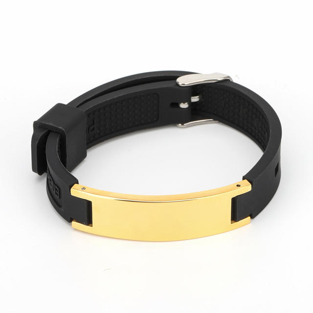 Negative ion silicone strap stainless steel bar bangle bracelet for men