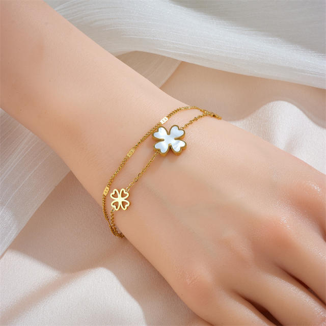 17+4cm mother shell large size clover two layer stainless steel bracelet