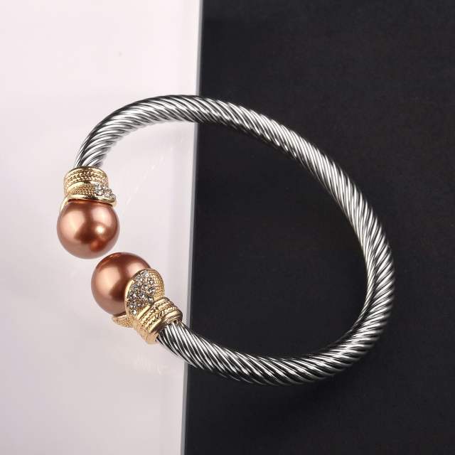 Classic gray pearl bead wireless stainless steel cuff bangle bracelet