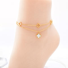 Classic gold color mother shell clover two layer stainless steel anklet