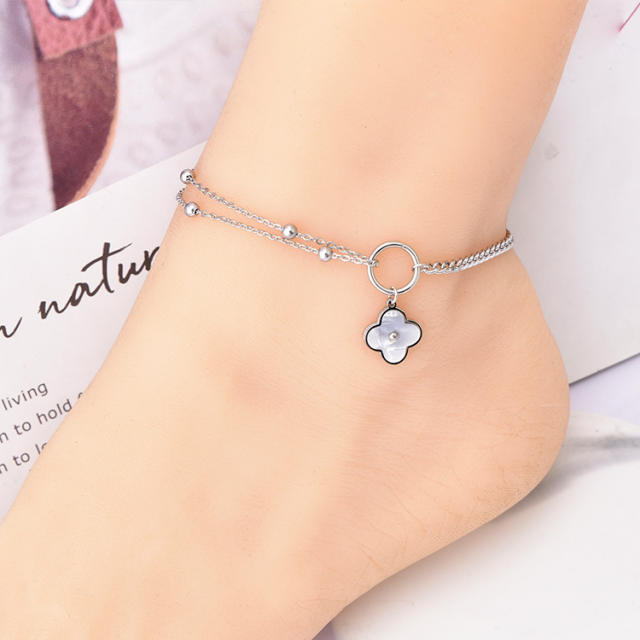 Classic mother shell clover charm stainless steel necklace bracelet anklet set