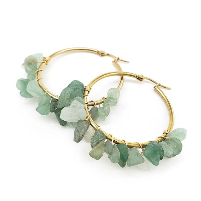 Natural crystal stone stainless steel hoop earrings