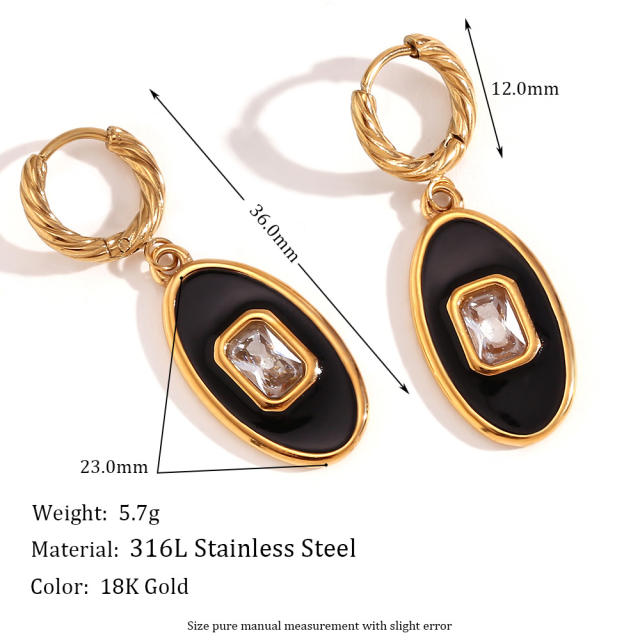 18KG black oval pendant stainless steel huggie earrings
