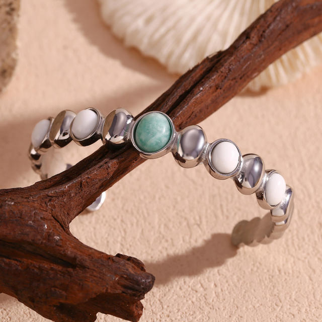 18KG white green color agate stainless steel cuff bangles