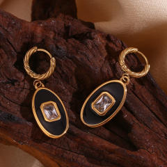 18KG black oval pendant stainless steel huggie earrings