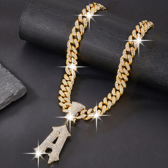 HIPHOP diamond inital A letter cuban link chain necklace