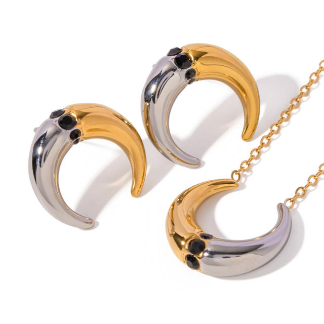 18K two tone ox horn crescent moon stainless steel necklace set