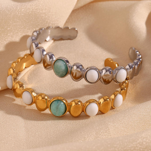 18KG white green color agate stainless steel cuff bangles