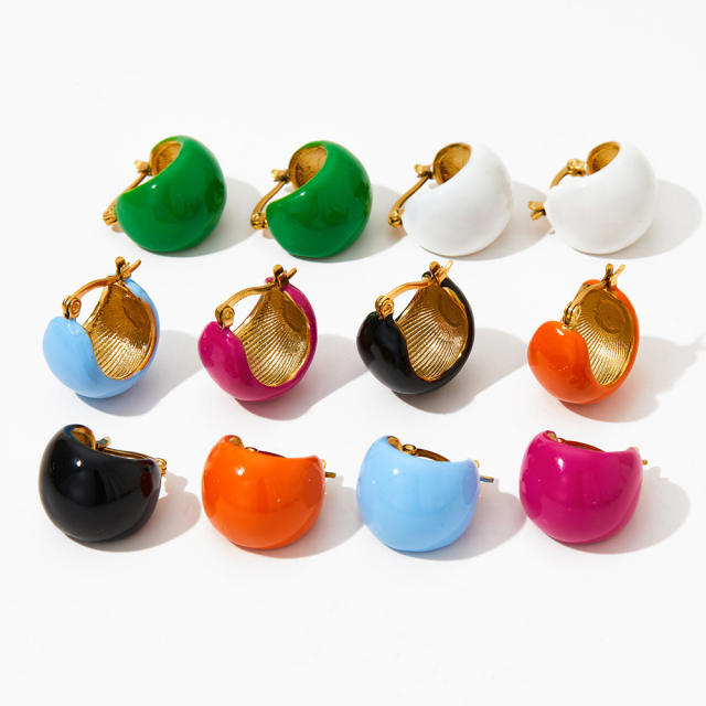 Color enamel chunky ball shape stainless steel hoop earrings