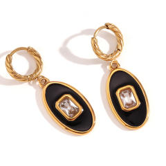 18KG black oval pendant stainless steel huggie earrings