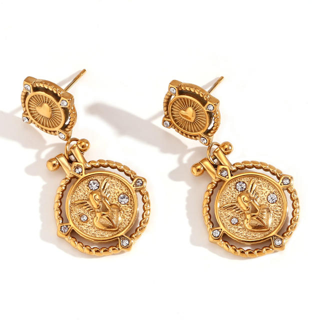 18KG vintage angel coin pendant stainless steel earrings