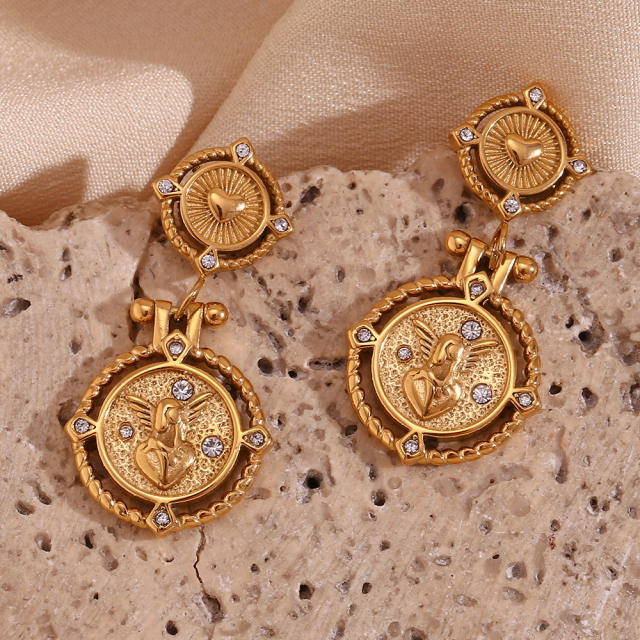 18KG vintage angel coin pendant stainless steel earrings