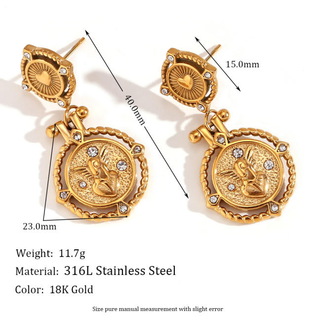 18KG vintage angel coin pendant stainless steel earrings