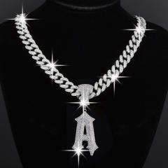 HIPHOP diamond inital A letter cuban link chain necklace