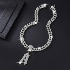 HIPHOP diamond inital A letter cuban link chain necklace