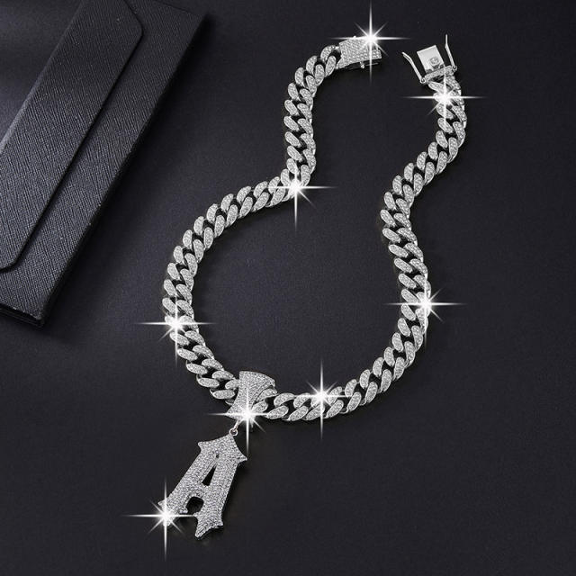 HIPHOP diamond inital A letter cuban link chain necklace