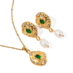 18KG vintage emerald statement pearl drop stainless steel necklace set