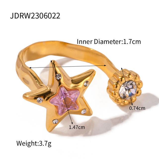 Vintage pink star cubic zircon flower natural stone statement stainless steel rings