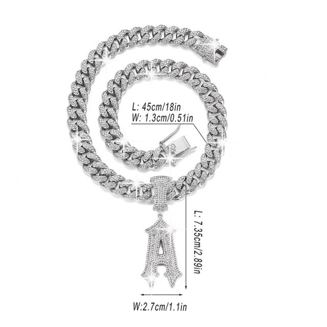 HIPHOP diamond inital A letter cuban link chain necklace