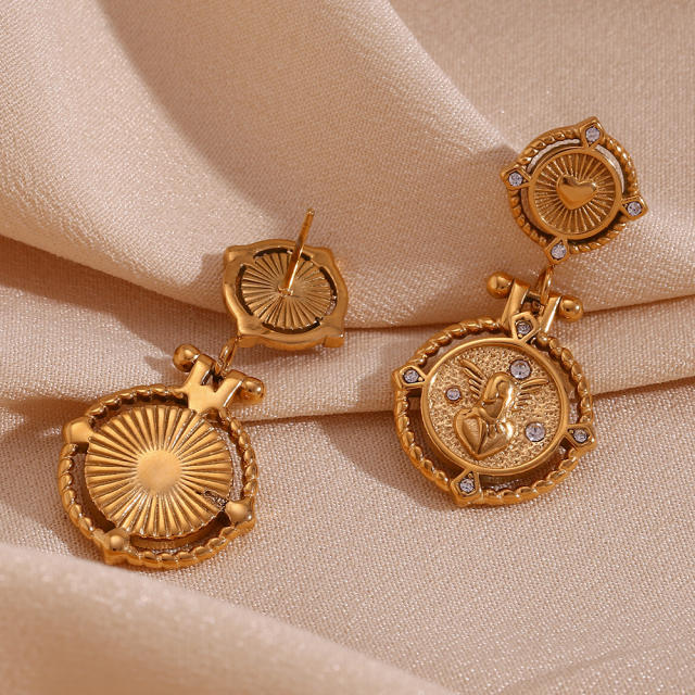 18KG vintage angel coin pendant stainless steel earrings