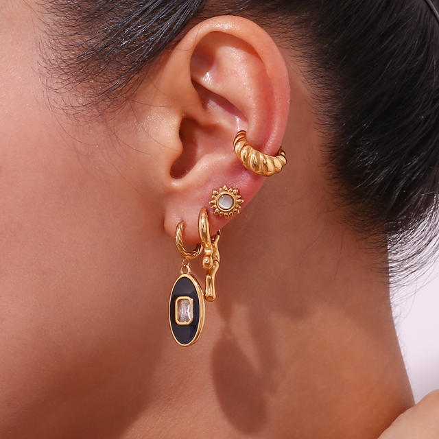 18KG black oval pendant stainless steel huggie earrings