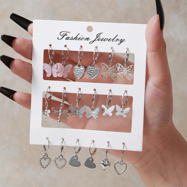 9 pair popular butterfly heart alloy huggie earrings set