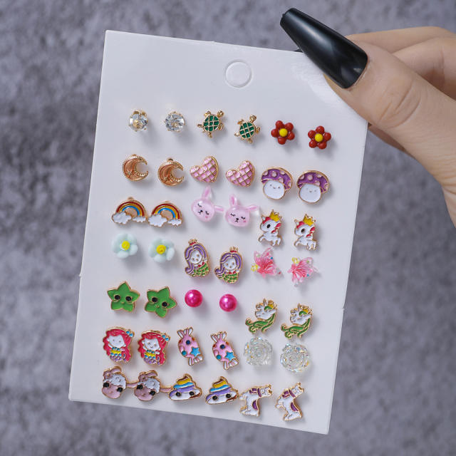 21 pair cute ocean series animal unicorn alloy studs earrings set