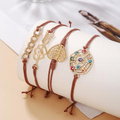 4pcs Vintage boho evil eye heart chain wax rope bracelet set