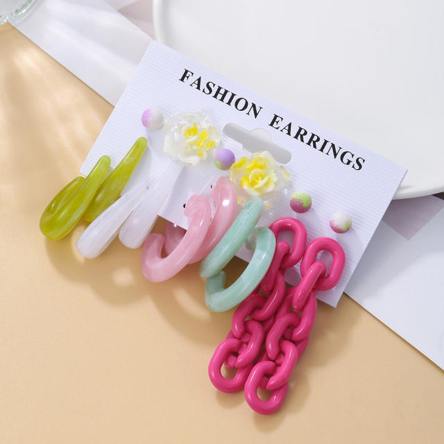 6 pair cute candy color chain resin earrings set