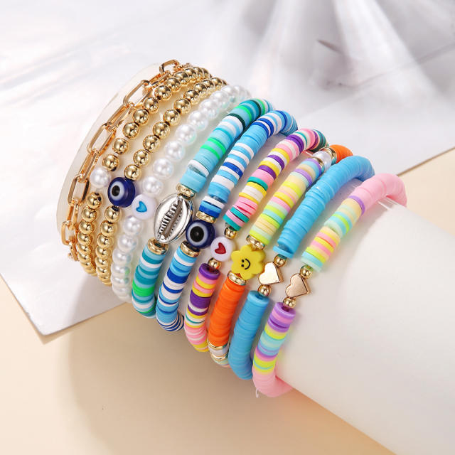 Hot sale colorful clay bead smile face beach bracelet set