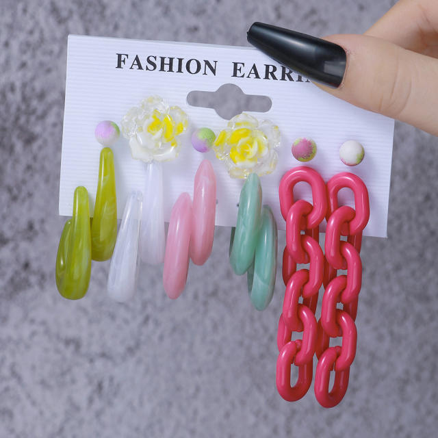 6pair candy color arylic chain Y2K earring set