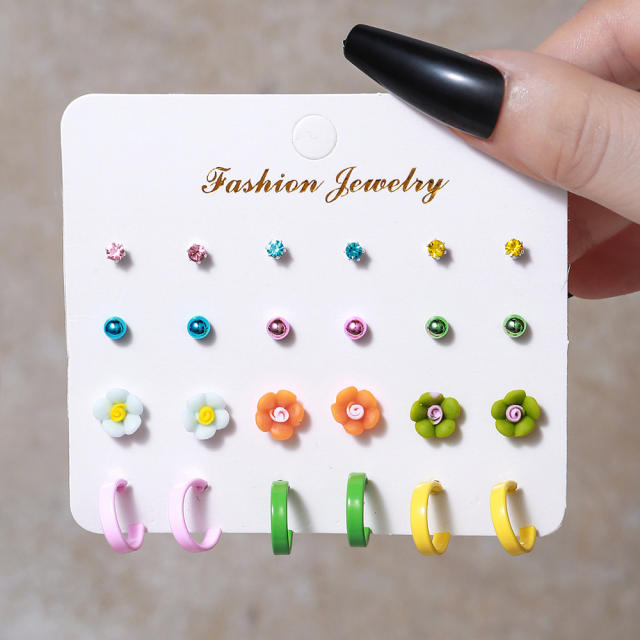12 pair candy color painting flower hoop earrings set