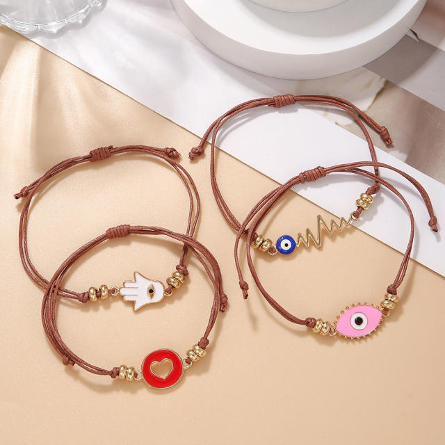 4pcs color enamel evil eye hasma hand wax rope bracelet set
