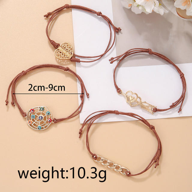4pcs Vintage boho evil eye heart chain wax rope bracelet set