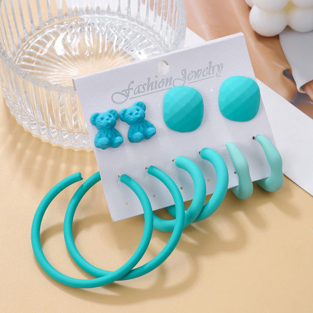 5 pair fresh blue color hoop earrings bear studs earring set